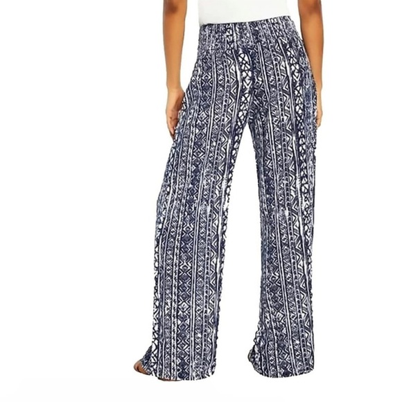 Three Dots Pants Blue White Tribal Aztec Smocked Waist  Wide Leg High Rise Sz S - Picture 2 of 13